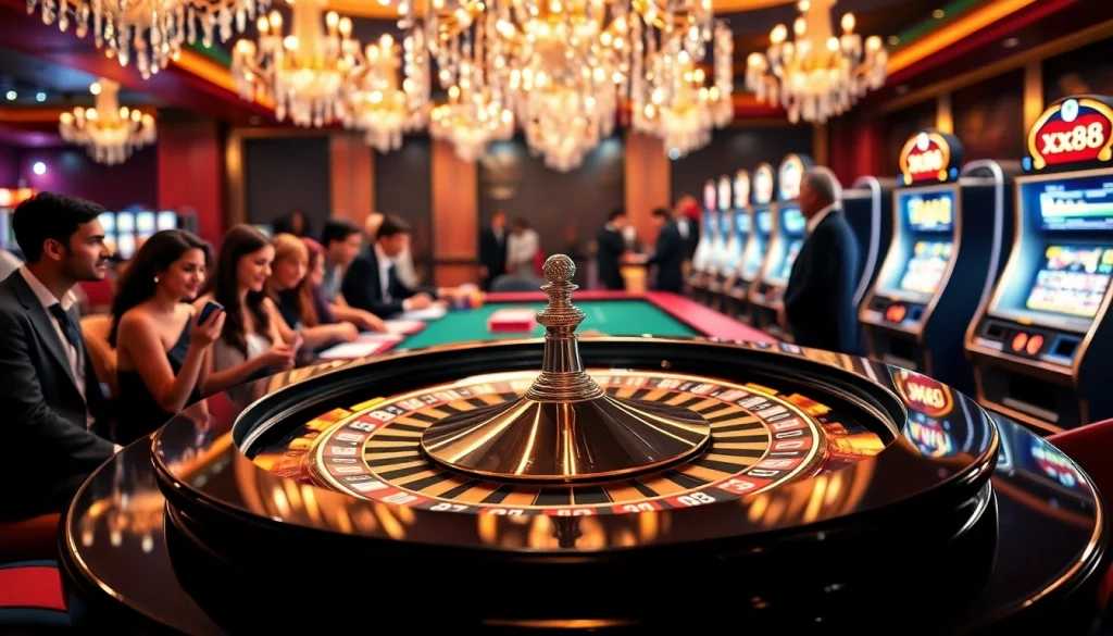 A thrilling roulette game in progress at a glamorous casino, highlighting the excitement found at https://xx88.us/ with diverse players enjoying the action.