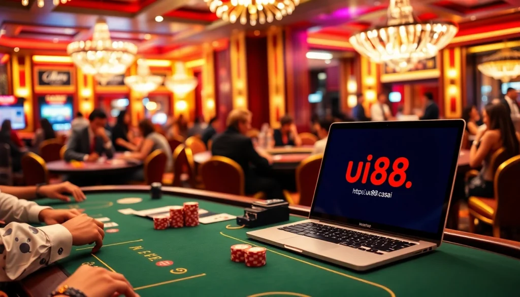 Experience the thrill at the bustling tables of UU88's casino, where excited players engage in blackjack and roulette.