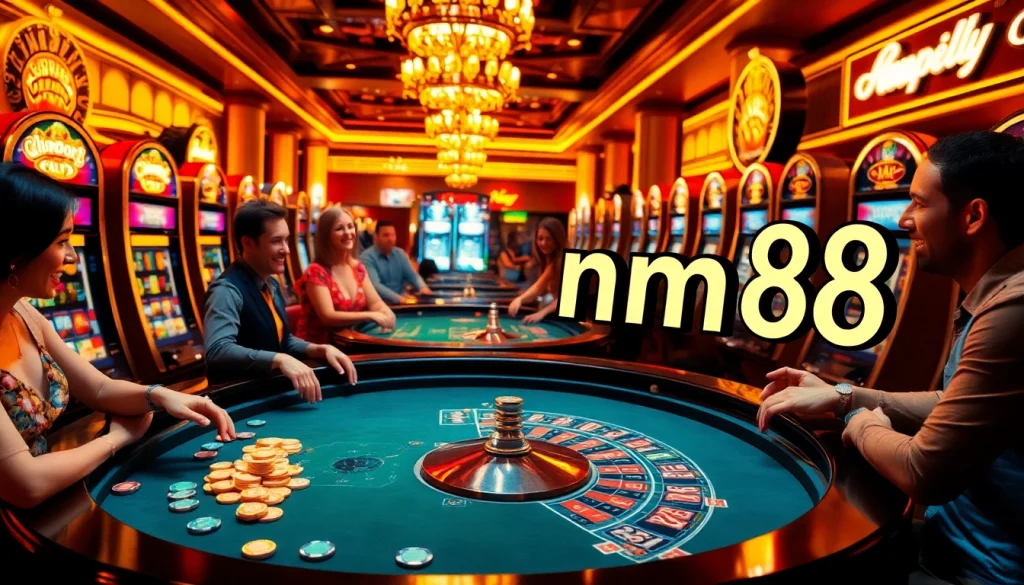 Experience the excitement of gambling at MM88 with vibrant casino tables, chips, and cheering players.
