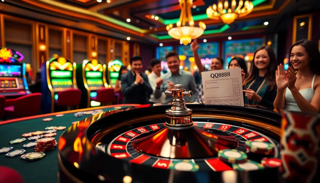 Experience the excitement at QQ888 Casino with vibrant gaming tables, revealing high stakes and thrilling bets.
