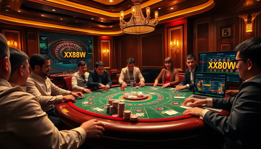 Experience high-stakes gaming with XX88 HOW at a luxurious casino, featuring a lively poker table and betting activities.