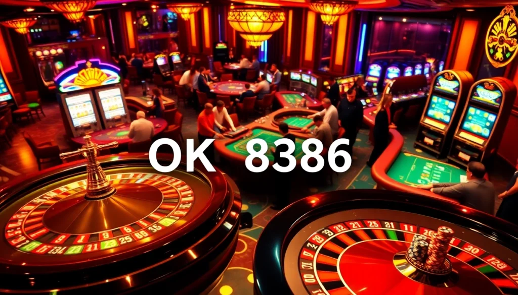 Experience the thrill of gambling with OK 8386 as players enjoy intense blackjack action amidst bright slot machines.